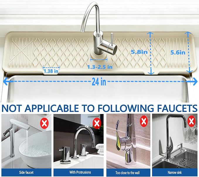 24 Inch Silicone Faucet Mat for Kitchen Sink, 7° Slope Fast Self-Draining Sink Splash Guard, Kitchen Sink Water Catcher Organizer, Kitchen Sink Accessories (off-white, 24''x5.6'') - Image 3