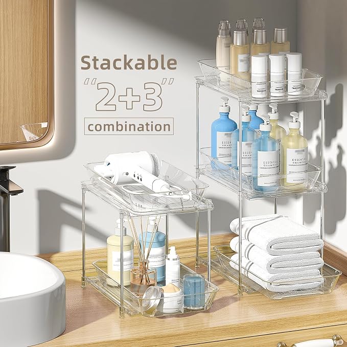 2-Pack 2-Tier Under Sink Organizer with Pull Out Drawers | Multi-use kitchen & bathroom storage. Includes hanging hooks and cups. transparent, space-saving cabinet design. 12.8 Inch - Image 3