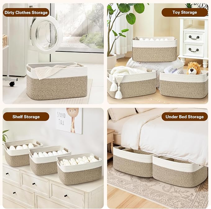 4 Pack Large Storage Basket for Organizing, 17.5"x13"x7" Woven Basket for Shelves, Closet Cube Storage Bins with Wrapped Handle, Cotton Rope Baskets for Kitchen, Clothes, Toys(Off White & Brown) - Image 6