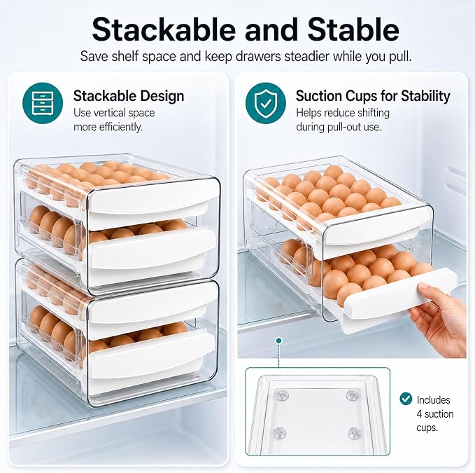 Egg Holder for Fridge, 40-Egg Refrigerator Organizer with Drawers | Egg Storage for Refrigerator, Clear Egg Container, 2-Tier Egg Tray for Fridge, Stackable Lid, BPA-free PET and PP, Hand Wash. - Image 7