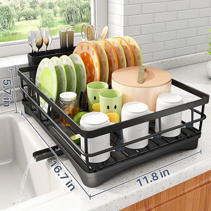 SAYZH Dish Drying Rack for Kitchen Counter with Utensil Holder, Black | Stainless Steel, Large Capacity, Angled Drainboard, Rotating Spout, Removable to Clean - Image 5