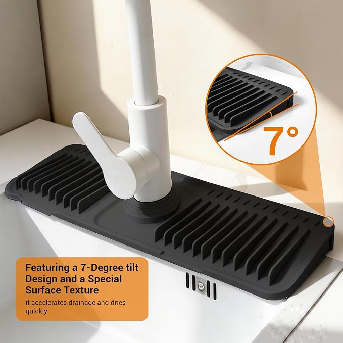 ZJWZLG Faucet Mat for Kitchen Sink, 17.7"X5.5" Silicone Sink Splash Guard , Snap-On Design & 7°slope Fast Drain, Folding Sink Faucet Mat for Universal Kitchen Bathroom Sink(Black) - Image 4