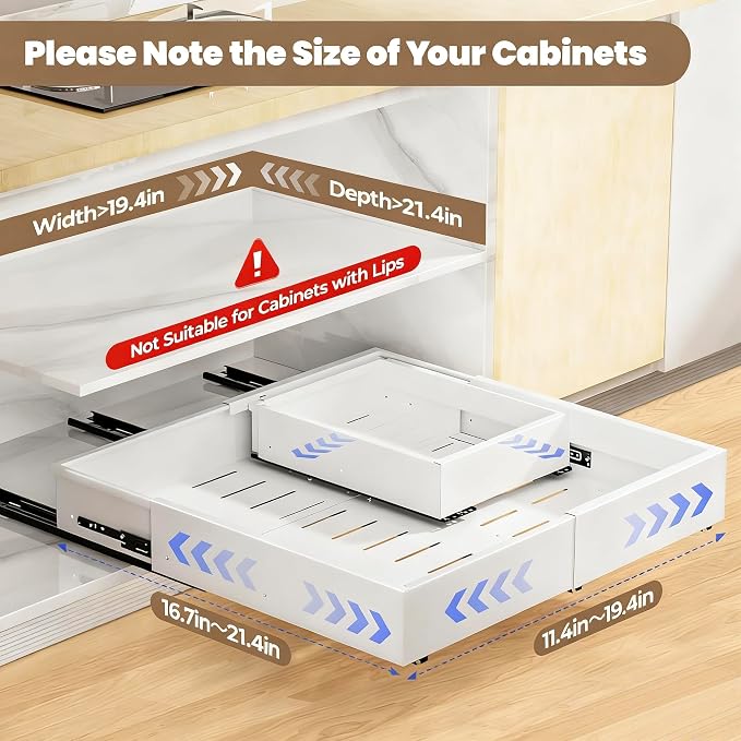 Dayacoco 2Pcs Dayacoco Pull Out Cabinet Organizer, Expandable Width (11.4"-19.4") and Depth (16.7"-21.4") With 3 Rails, Slide out Drawers for Kitchen Base Cabinet Organization, No Drill, White - Image 4