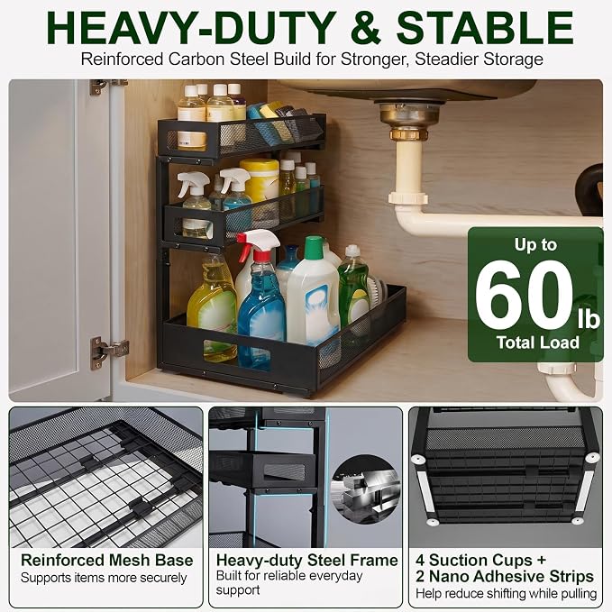 3 Tier Under Sink Organizer,2 Pack Pull Out Cabinet Shelves with Adjustable Height,Heavy Duty Carbon Steel L-Shaped Storage for Kitchen Bathroom Sink,Pantry & Laundry,Black - Image 3
