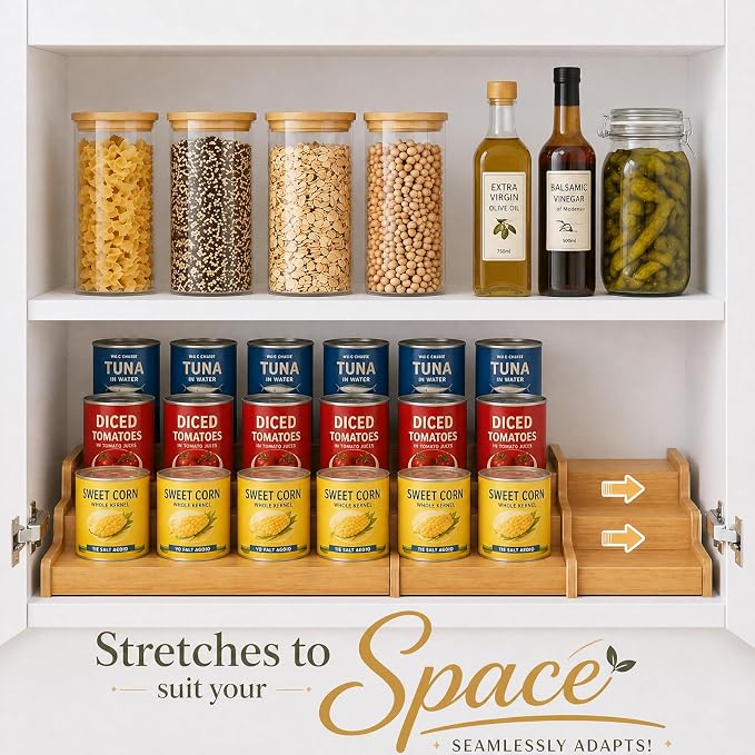 Expandable Bamboo Can Rack Organizer for Pantry, Upgraded 3-Tier Adjustable Can Storage Holder, Pantry Organizers and Storage Holds Up to 24 Cans, Canned Goods Organizer Display for Pantry, Cabinet - Image 3