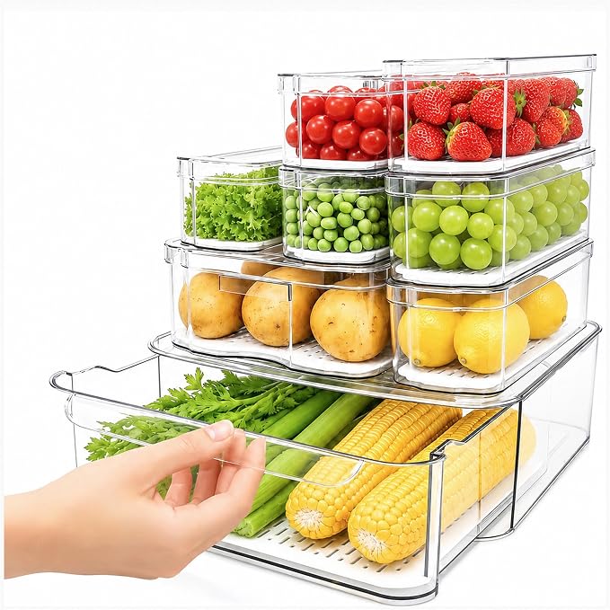 SMRCAD 8 Pack Clear Fridge Organizer Bins with Drain Trays - Stackable | BPA-Free PET, 8 Pack: 1 Drawer + 7 lidded Bins, Helps Keep Produce Fresh, 18.3L Capacity, Hand Wash Only by SMRCAD
