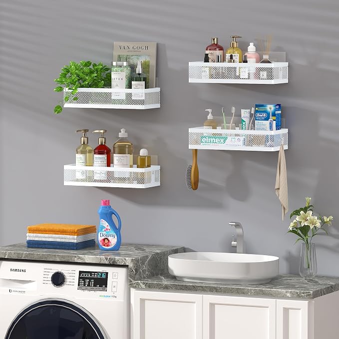 PUSDON Mesh Shower Caddy Wall Mount, Heavy Duty Adhesive Bathroom Shelf Organizer, Rustproof Floating Spice Rack for Kitchen Pantry, Holds 50 LBS, Multi-Purpose Storage White-2 Packs (Netting) - Image 8