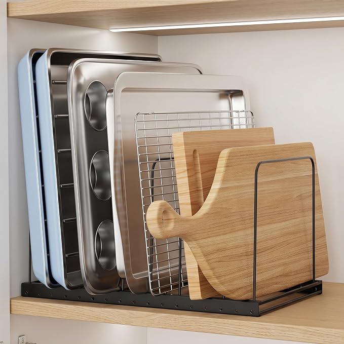 Cutting Board Organizer Rack for Cabinet with 7 Adjustable Dividers | 7 adjustable dividers. Holds cutting boards, cookie sheets, baking trays and thin pans, Wire rack for cabinet or countertop - Image 8