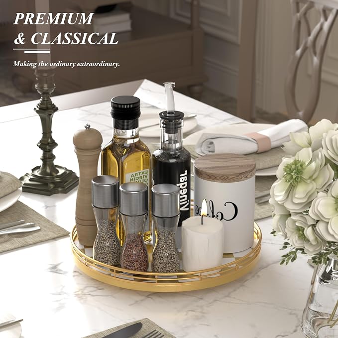AMH 12-Inch Gold and White Checkerboard Lazy Susan with Metal Rail | Smooth rotating oak tray with walnut finish for dining tables, kitchen counters, pantries and cabinet storage. - Image 4