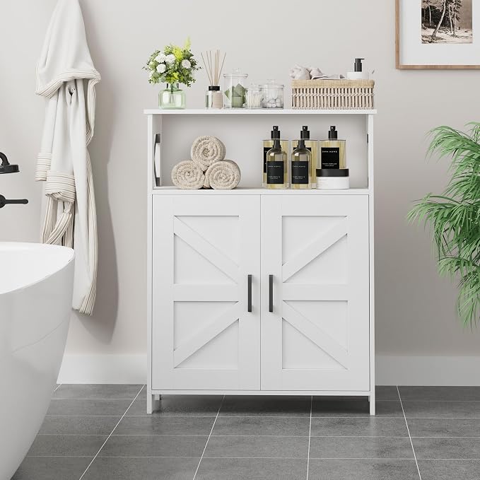 Homhedy Farmhouse Bathroom Storage Cabinet with Doors, Small Floor Cabinet | Toilet Paper Cabinet with Adjustable Shelf, Freestanding Storage Cabinet for Kitchen/Laundry/Living Room, 24"W, White - Image 2