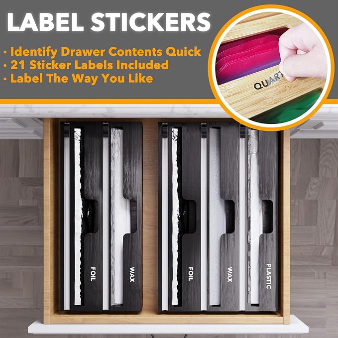 SpaceAid WrapNeat 2 in 1 Wrap Organizer with Cutter and Labels, Plastic Wrap, Aluminum Foil and Wax Bamboo Dispenser for Kitchen Storage Organization Holder for 12" Roll (Black) - Image 4
