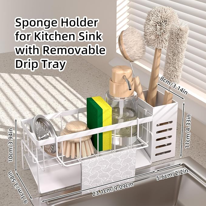 304 Stainless Steel Over Sink Caddy Sponge Soap Organizer White | Auto sloped drainage with removable tray, 3 divided spaces for sponge & soap, rustproof steel, no installation needed - Image 2
