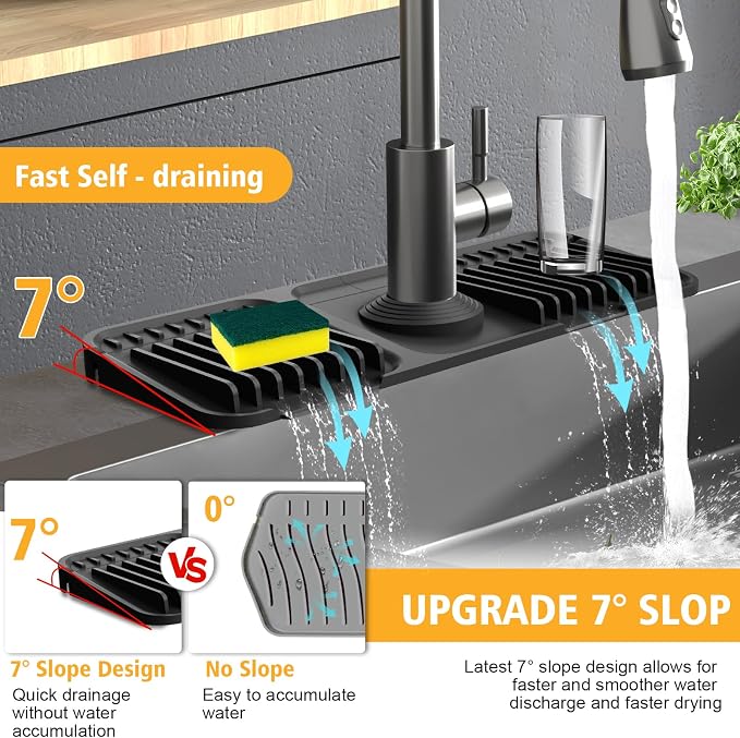 14.6-Inch Kitchen Sink Splash Guard Mat | 7° Slope for Fast Self-Draining | Snap-Lock Design | Universal & Cuttable Silicone Faucet Mat BLACK - Image 4