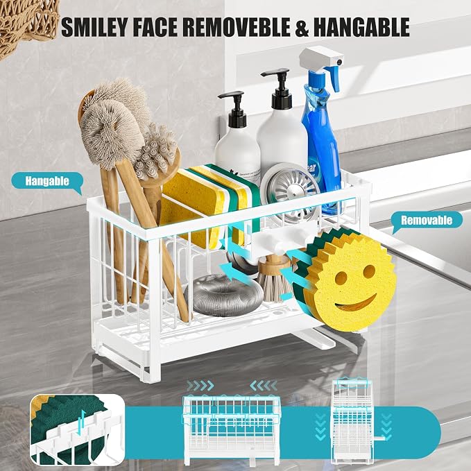 Sponge Holder for Kitchen Sink with Flexible Smiley Face, 2 Tier Kitchen Sink Organizer, Countertop and Storage Essentials, Soap Dispenser Organizer, Home Decor Accessories - White - Image 3