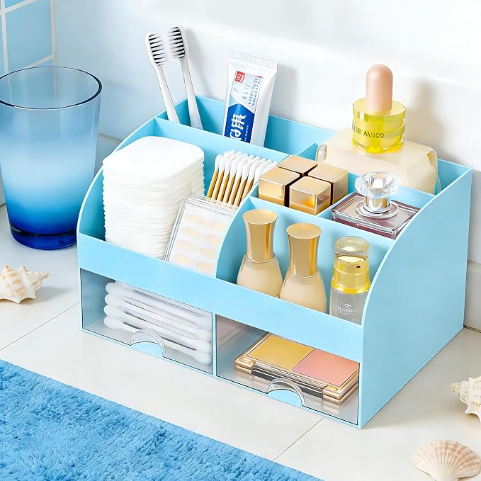 Makeup Organizer with 2 Drawers, Cosmetic Storage for Dresser Vanity and Bathroom Countertop,Make up organization and Skincare Storage with Beauty Brush Holder, Cosmetic Display Case (Blue) - Image 2