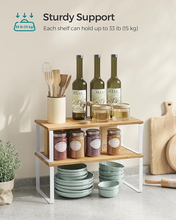 SONGMICS Cabinet Organizer Shelf, Set of 2 Spice Rack, Kitchen Storage | Kitchen Counter Storage Spice Rack, Steel, Bamboo, Light Bamboo and Matte White, BYSTRO Collection UKCS200W01 - Image 4