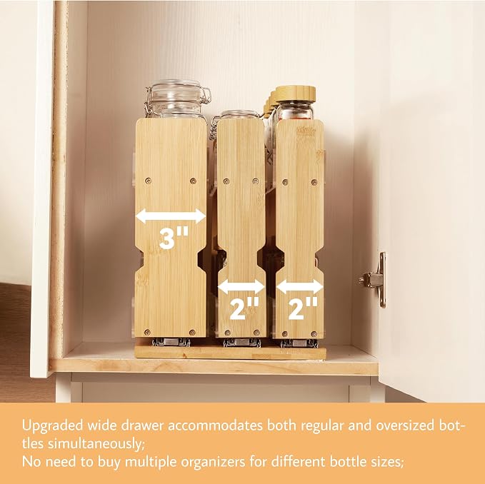 Bamboo Pull Out Spice Rack Organizer for Cabinet, 3 Slide-Out Drawers(2"&3") with Wide Drawer for Large Bottles, Kitchen Pantry Heavy-Duty Sliding Vertical Organization, 8.6"W,2-Tier,Natural - Image 2