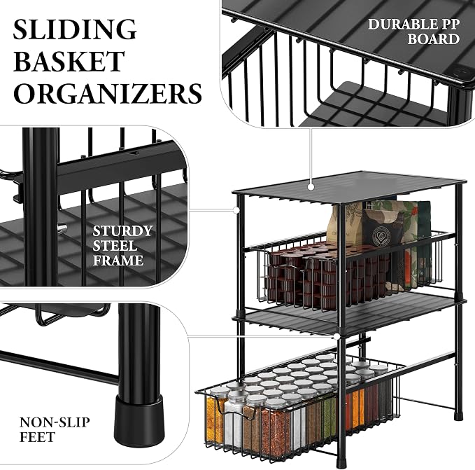 Simple Houseware Wired Stackable Under Sink Cabinet Sliding Basket, Black | Free Standing Organizer Drawer, Kitchen/Pantry/Cabinet/Counter - Image 4