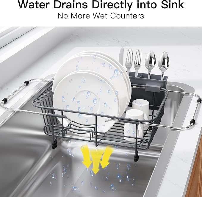 JASIWAY Gray Dish Drying Rack in Sink with Utensil Holder, RV, Apartment | Over Sink Expandable Stainless Steel Dish Drainers for Compact Kitchen, Space Saving, Fast Drain, Rustproof, For 1-2 people - Image 6