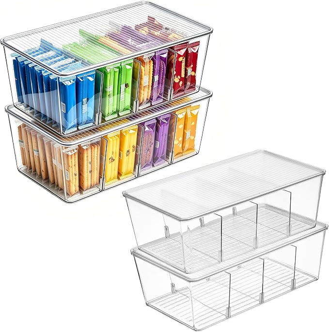 Vtopmart 4 Pack Pantry Organizer Bins with Lids, Removable Dividers | Clear Bins with Removable Dividers,Stackable Design for Pantry and Cabinet Organization of Tea Bags,Snacks & Spice Packets by Vtopmart