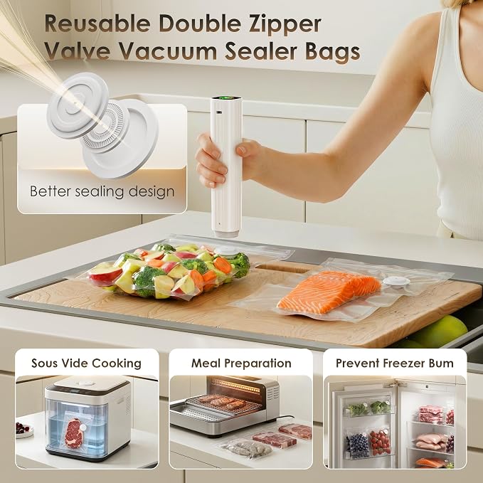 Compact Vacuum Sealer for Food (Vacuum Sealer Machine + 30 Reusable Vacuum Bags) Powerful Handheld Vacuum Sealer Machine, Featuring LED Pressure Display, Portable Food Sealer - Image 5