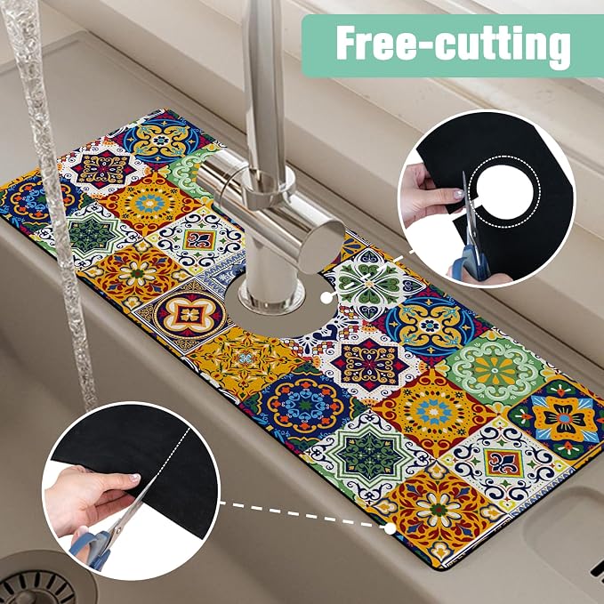 Kitchen Sink Splash Guard Faucet Mat 15" X 5.5" Talavera Mexican Tiles Absorbent Fast Drying Mat Faucet Draining Mat Sink Splash Guard Behind Faucet Drip Catcher for Kitchen Bathroom - Image 5