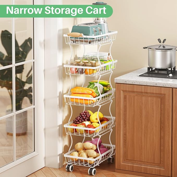 SAYZH 5-Tier Fruit Basket Stand with Vegetable Baskets for Kitchen, White | Stackable Metal Wire Basket, Sturdy Rolling Storage Carts for Kitchen, Pantry Organizer, Snack and Jar Storage - Image 4