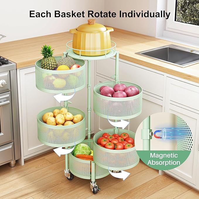 SAYZH 5 Tier Fruit Vegetable Basket Stand for Kitchen, Rotating, Green | Rolling Storage Cart with top lid, Large Metal Wire Rack for Potato and Onion Storage - Image 3