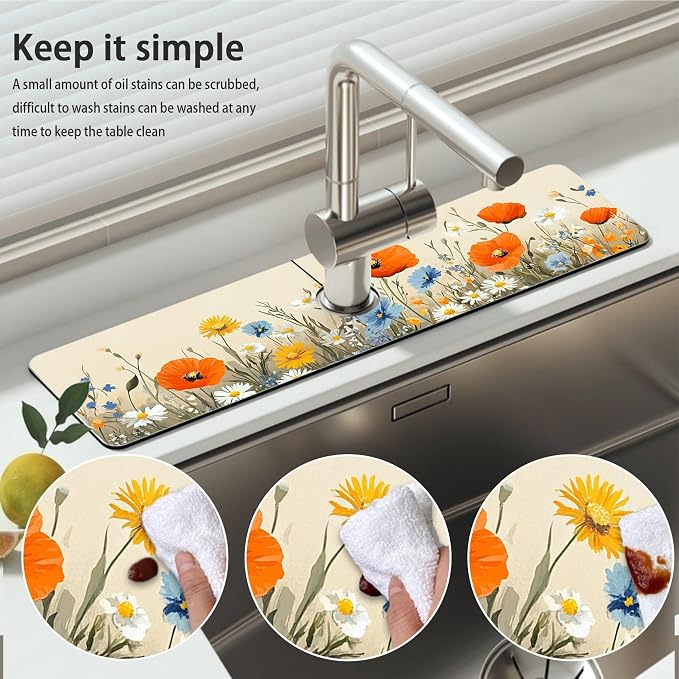 Bimkole 2 PCS Faucet Absorbent Mat, Kitchen Faucet Sink Splash Guard Wraparound Cloth Pads Drip Catcher for Sink Faucet for Kitchen Bathroom Faucet, Colorful Faucet Mat, 15 x 4 Inch Flower A5 - Image 5