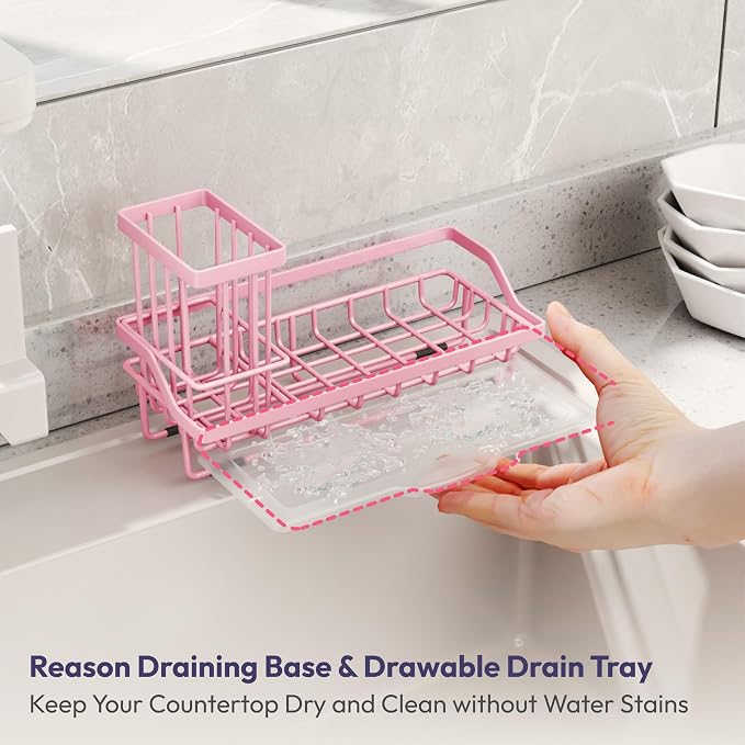 SWTYMIKI Sink Caddy Sponge Holder - Kitchen Sink Organizer with High Brush Holder for Countertop to Hold Dish Soaps and Sponges, Stainless Steel, Pink - Image 4