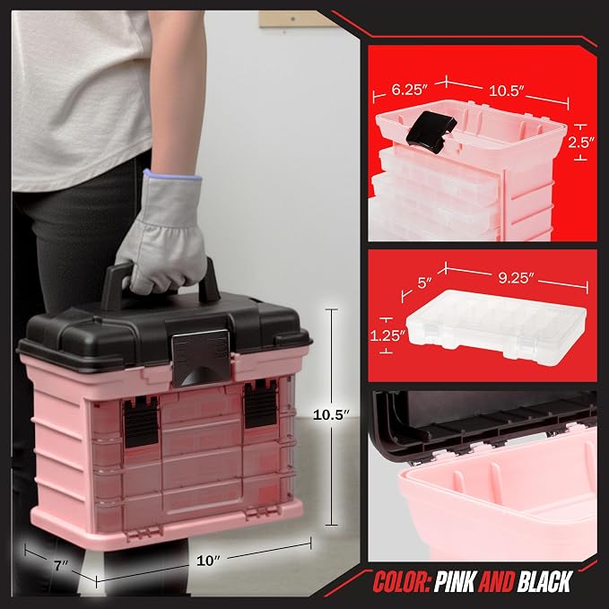 Stalwart Portable Tool Box for Women or Men, Pink, 10 x 7 x 10.5in | Small Parts Organizer with Drawers and Customizable Compartments for Hardware, Fishing Tackle Box, Beads or Crafting Supplies - Image 6