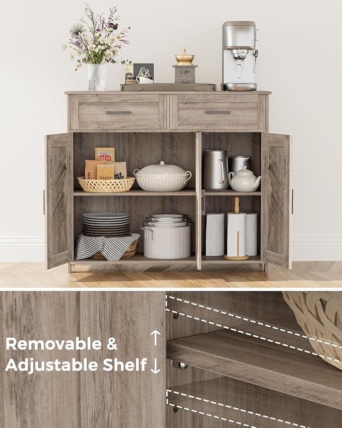 Homhedy Coffee Bar Storage Cabinet with Drawers, Kitchen Buffet Cabinet | Sideboard Cabinet with Doors, Farmhouse Buffet Cabinet, Adjustable Shelves, for Kitchen / Dining / Living Room, Greige - Image 4