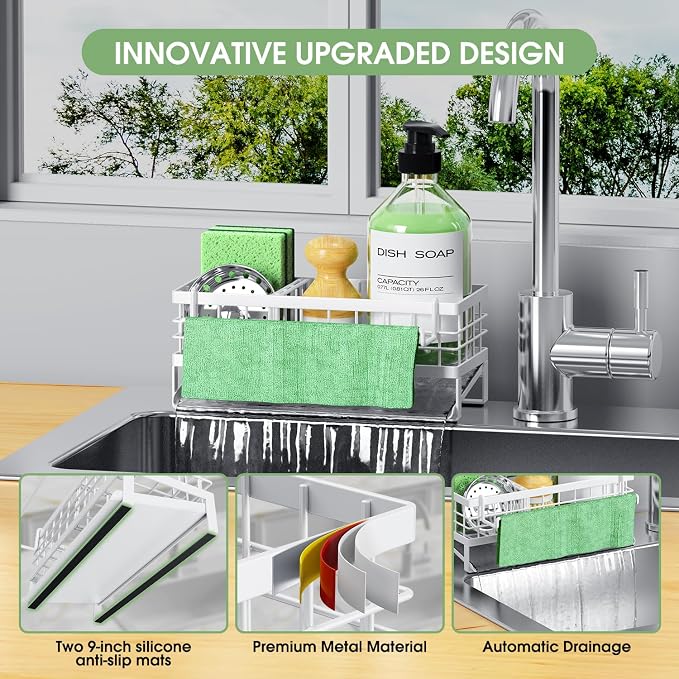 Kitchen Sink Caddy, Rustproof Self-Draining Sponge Holder, White | Metal Kitchen Caddy Sink Organizer, Detachable Dish Cloth Holder, Non-Slip Base, Kitchen Countertop Storage Accessories - Image 4