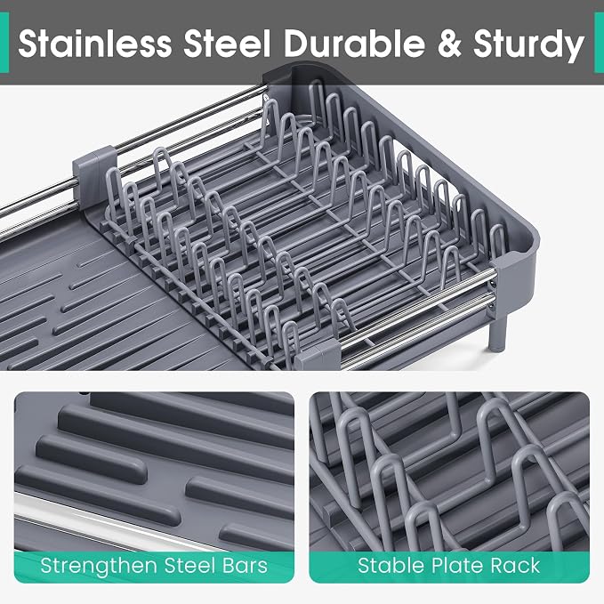 TOOLF Expandable Dish Drying Rack with Cutlery Holder, Standard, Grey | Over or In Sink Stainless Steel Dish Drainers for Compact Kitchen, Space Saving, Fast Drain, Rustproof, For 1-3 people - Image 7