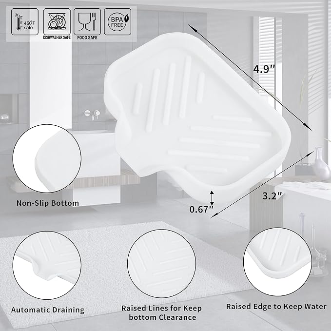 MicoYang Silicone Soap Dish with Drain Spout, Self-Draining Sink Organizer Tray for Bathroom and Kitchen, Sponges, Dispensers and Soap Holder, Non-Slip and Dishwasher Safe, White (Compact, 4.9"×3.2") - Image 2