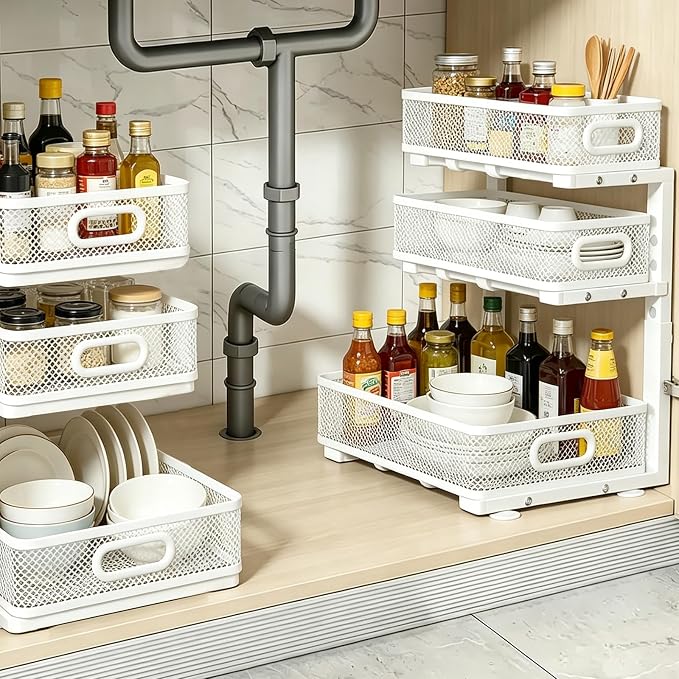 2 Pack 3 Tier Under Sink Organizer with Pull Out Drawer, Height Adjustable Heavy Duty Metal Under Cabinet Organizer, Smooth Sliding Storage Shelf for Kitchen, Bathroom Cabinet Organization, White - Image 6