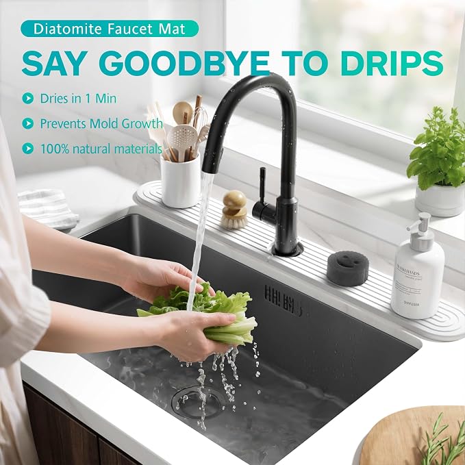 Stone Faucet Mat for Kitchen Sink – Diatomite Fast-Drying Stone Tray, Faucet Mat Sink Splash Guard, Decorative Sink Protector for Kitchen Bathroom Counter (Light Grey, 30''x3.9'') - Image 4