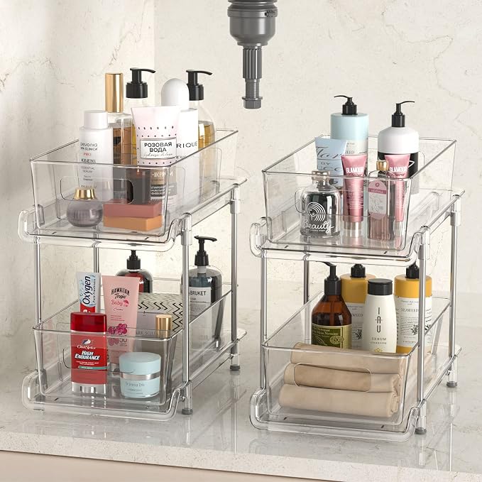 HIHEGD 2-Tier Bathroom Organizer with Dividers, Clear Under Sink and Pull-Out Cabinet Organizer for Kitchen and Pantry Storage - Image 8
