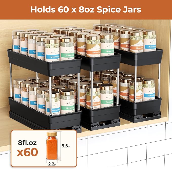 Pull Out Spice Rack Organizer for Cabinet, 3 Pack 2 Tier Sliding Spice Rack | Dual Rail, Slide Out Seasoning Organizer for Kitchen Cabinets, No Drill Installation, Space Saving Cabinet Storage Organizer - Image 8