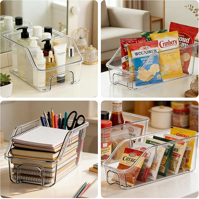 6 Packs Clear Freezer Organizers and Storage Bins with Handle, Stackable Storage Bins Open Front Pantry Bins for Storage and Organization for Bathroom Kitchen Refrigerator Pantry - Image 7