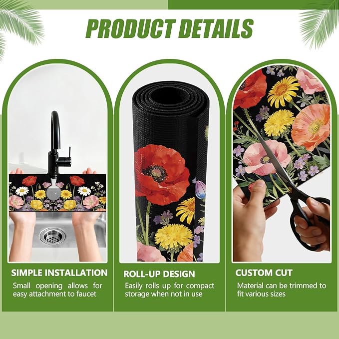 3 Pcs 2 Size Kitchen Sink Splash Guard Faucet Mat Wildflower Pattern Faucet Mats for Sinks Colorful Flower Absorbing Drying Mat for Kitchen Bathroom - Image 3