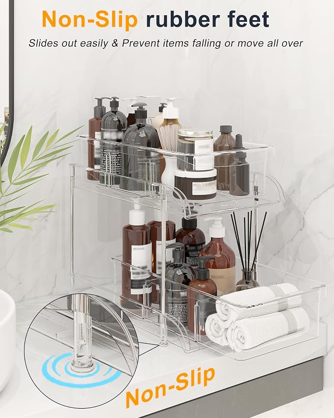 2-Pack 2-Tier Under Sink Organizers with Sliding Drawers | Multi-use kitchen & bathroom storage, 10.6 inch clear cabinet organizer, space-saving sliding drawer design. - Image 6