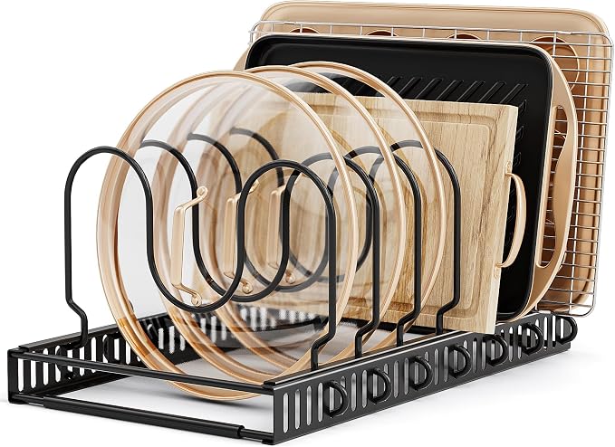 MUDEELA Pot Lid Organizer for Cabinet, Adjustable Baking Pan Rack 7 Slots | 7 Adjustable Divider, Tool-Free Assembly,Non-Slip, Scratch-Proof, Sturdy Metal Frame, For Pan Lid Cutting Board Bakeware by MUDEELA