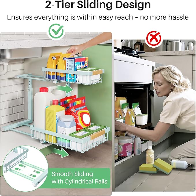 Kitstorack Under Sink Organizer, 2 Tier Under the Sink Storage, Slide out Pull out Cabinet Organizer Shelf, Metal Sliding Drawer for Kitchen Bathroom Pantry Closet Organization Rack, Blue, 1 Pack - Image 3