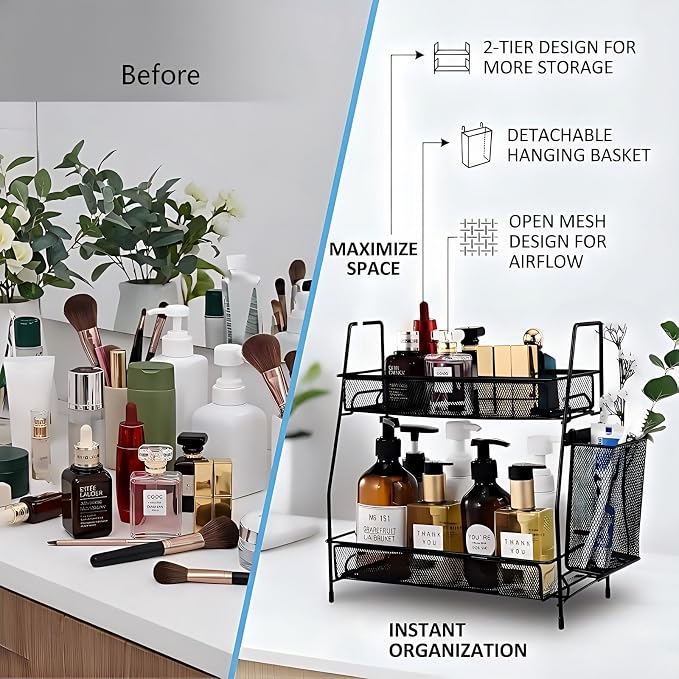 2-Tier Bathroom Countertop Organizer,Skincare, Makeup Countertop Organizers, Kitchen, Bathroom Counter Storage with Small Basket (Black) - Image 3