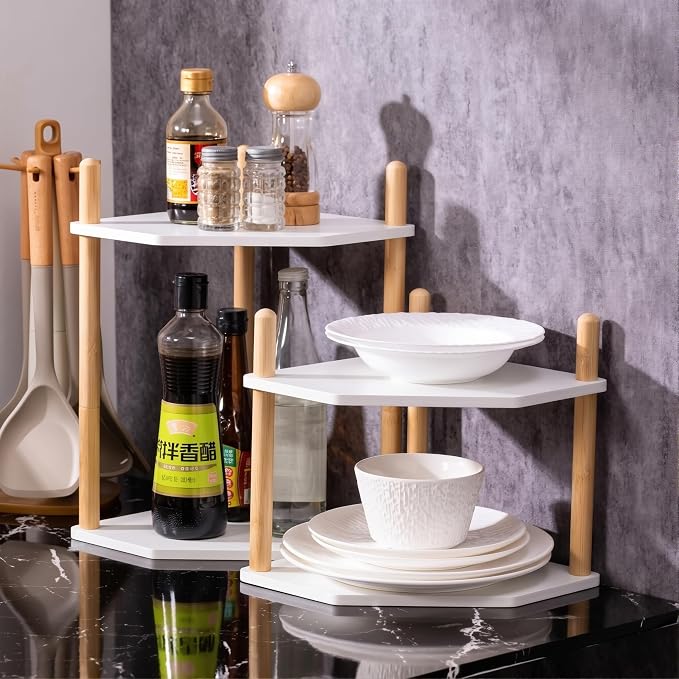 2-Tier Extra Tall Bamboo Corner Shelf, Kitchen Countertop Wine Bottle Organizer, Corner Counter Storage Rack for Pantry, Spice & Wine Organizers and Storage - Image 4
