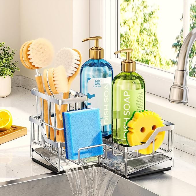 HapiRm Sponge Holder for Kitchen Sink - Rustproof L-Shaped Sink Caddy | Stainless Steel Kitchen Organizer for Sink Corner, Self-Draining 3-in-1 Dish Brush and Sponge Storage, Space-Saving - Silver by HapiRm