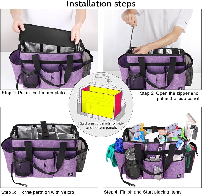 Large Cleaning Caddy Bag Built-in hard plastic sheet Aluminum foil lining | Waterproof nylon, aluminum foil lining, detachable dividers, dual straps for housekeepers - Image 7