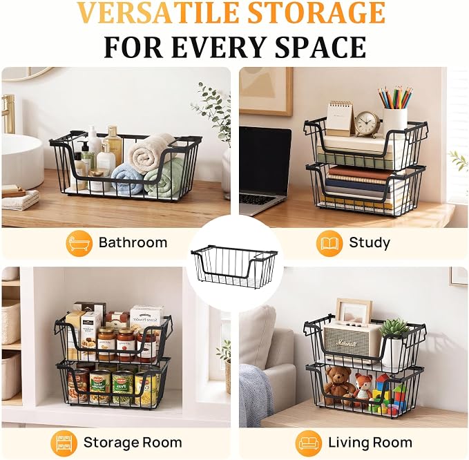 SUNALLY Stackable Storage Bins 4 Pcs Wire Baskets Freezer Organizer, Black | Pantry Organizers Storage, Vegetable Fruit Storage Basket for Countertop, Kitchen Baskets for Onion Potato Snack Cans Storage - Image 7