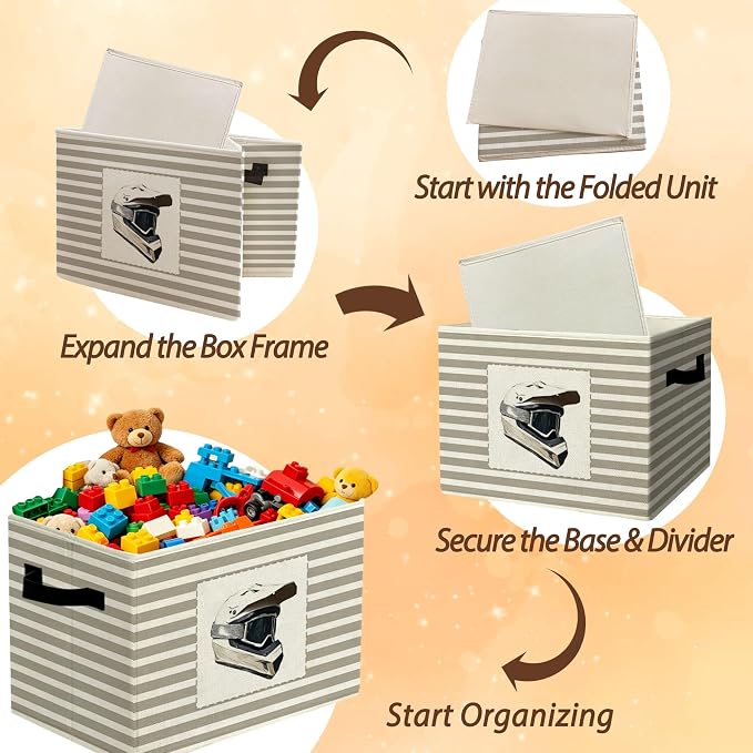 Rustic Dirt Bike Helmet Storage Bins Boxes Handles | grey striped nursery foldable basket for organizing bedroom toddler playroom - Image 6